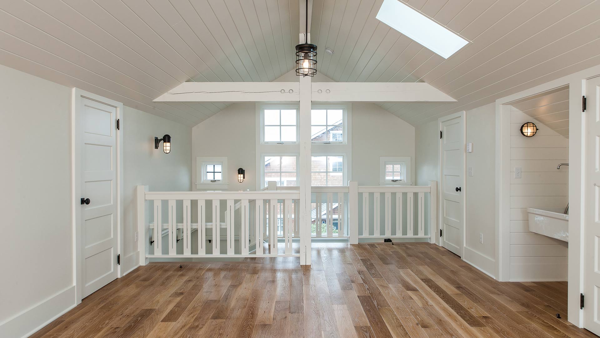 Drop ceiling: stylish tongue and groove set off by faux wooden