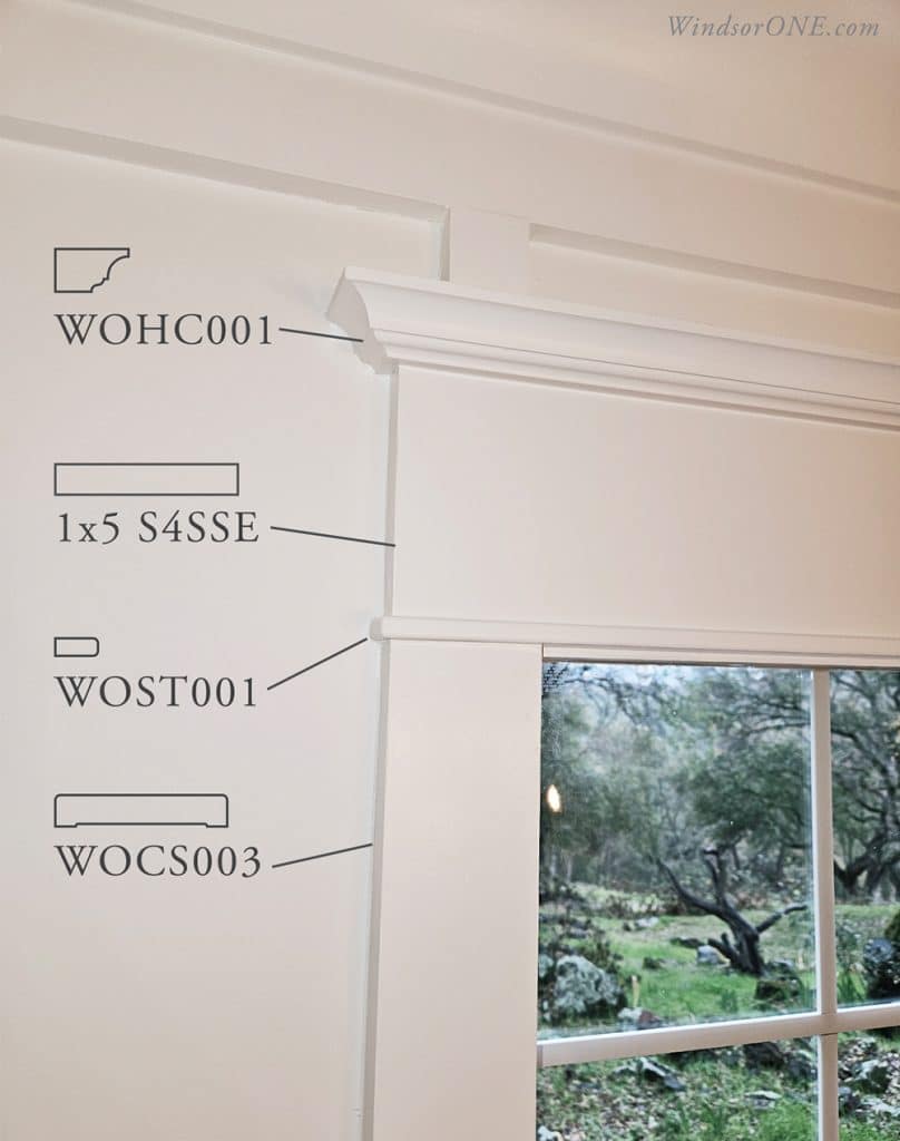 Detail view of Classical Craftsman window trim, the header buildup, stop mold, frieze and header cap