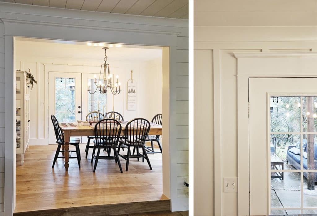 View into dining room with craftsman trim and Windsor chairs