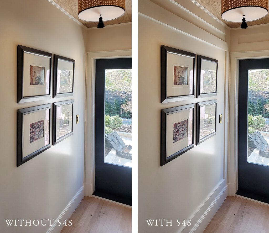 Entryway comparison of the picture wall with and without S4S Trim Board stiles and rails