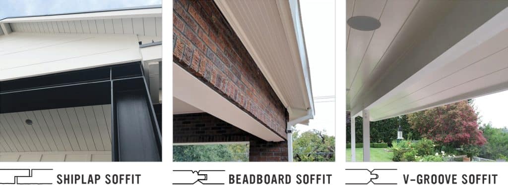 Three different types of WindsorONE soffit material: Shiplap, Beadboard & V-Groove