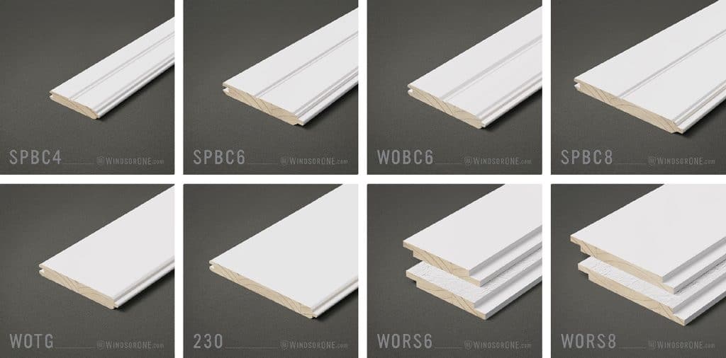 A variety of 8 product photos of different types of soffit boards and their skus