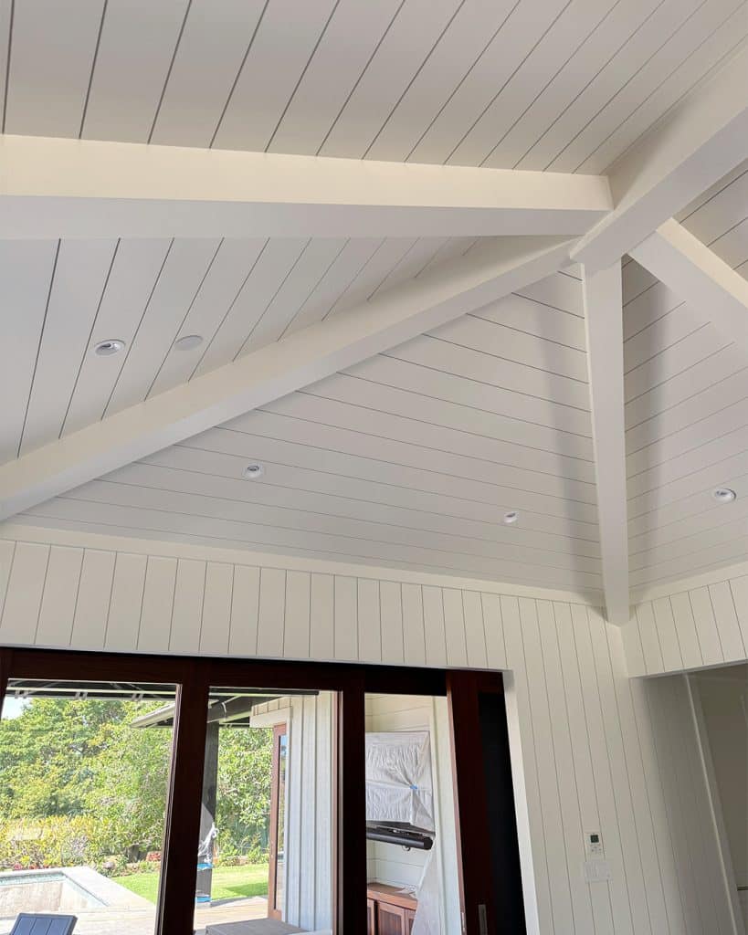 Vaulted shiplap ceiling with beams and shiplap walls, WindsorONE true shiplap