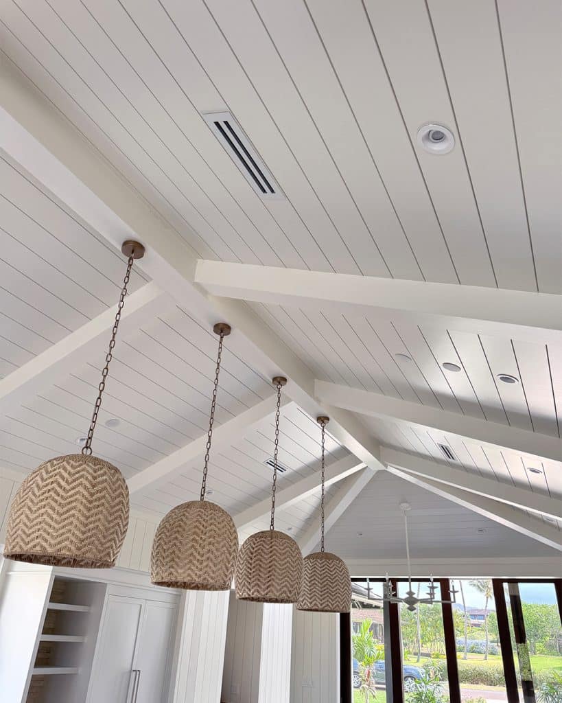 Vaulted WindsorONE shiplap ceiling with beams and hanging woven lights