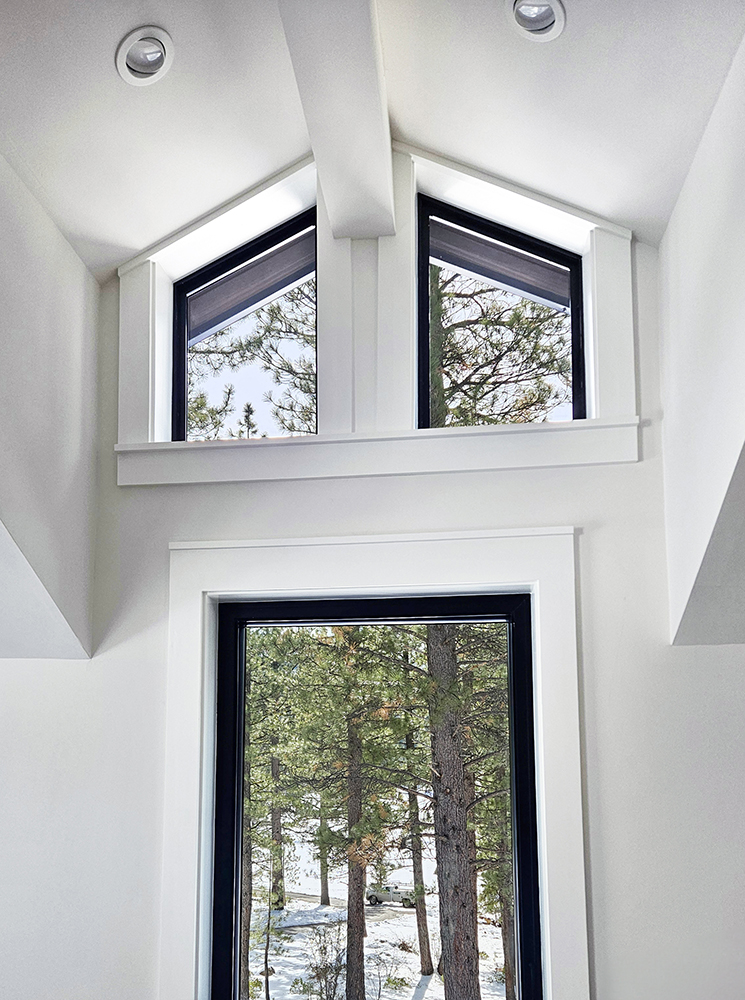 Stacked windows 1 large below, 2 small above, looking out to forest outside.