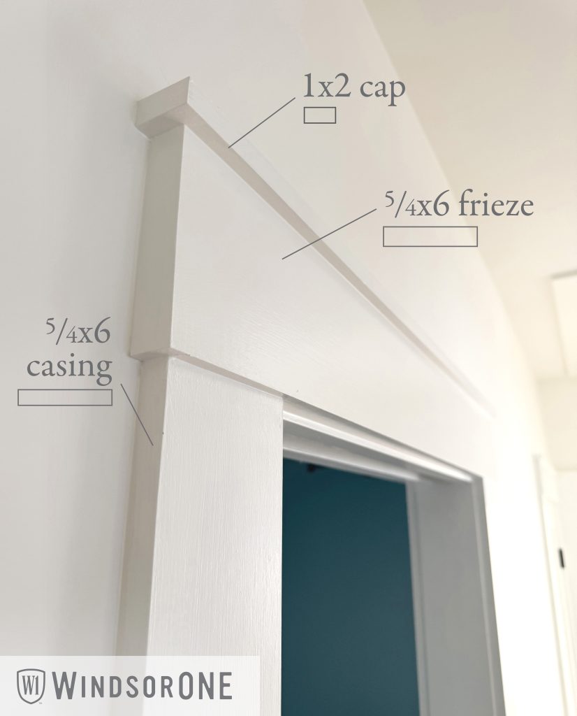 Detail of header molding of simple clean craftsman trim, with profile callouts