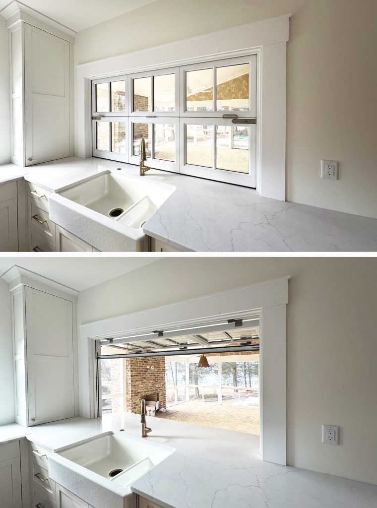 Cantilever window in front of kitchen sink opening up to enclosed back porch, closed and open view, casing is craftsman farmhouse molding