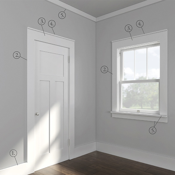 Room with simple farmhouse flat stock trim on door and window