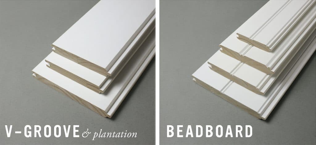Vgroove and Plantation boards side by side with beadboard, primed wood in all the sizes