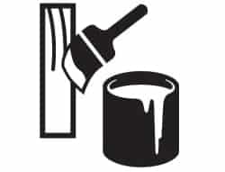 Icon of the end of a board and paint can and paint brush, priming cuts