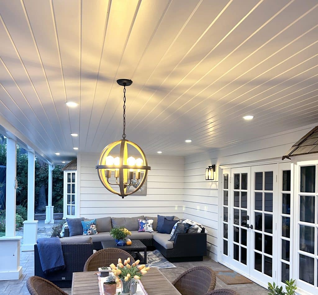 Exterior covered area a lanai in the backyard using wood tongue & groove exterior ceiling
