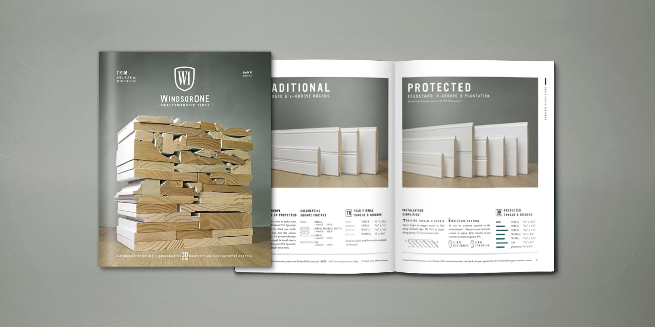 WindsorONE Catalogs, one showing cover and one open showing tongue & groove boards