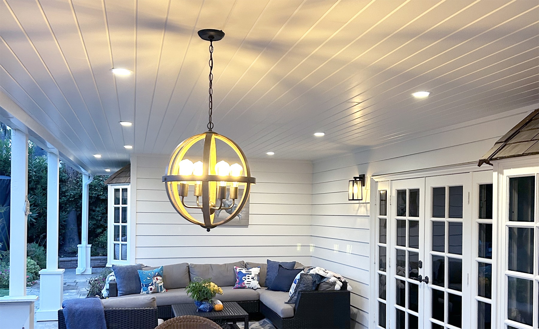 Exterior ceiling tongue and groove over covered porch with furniture