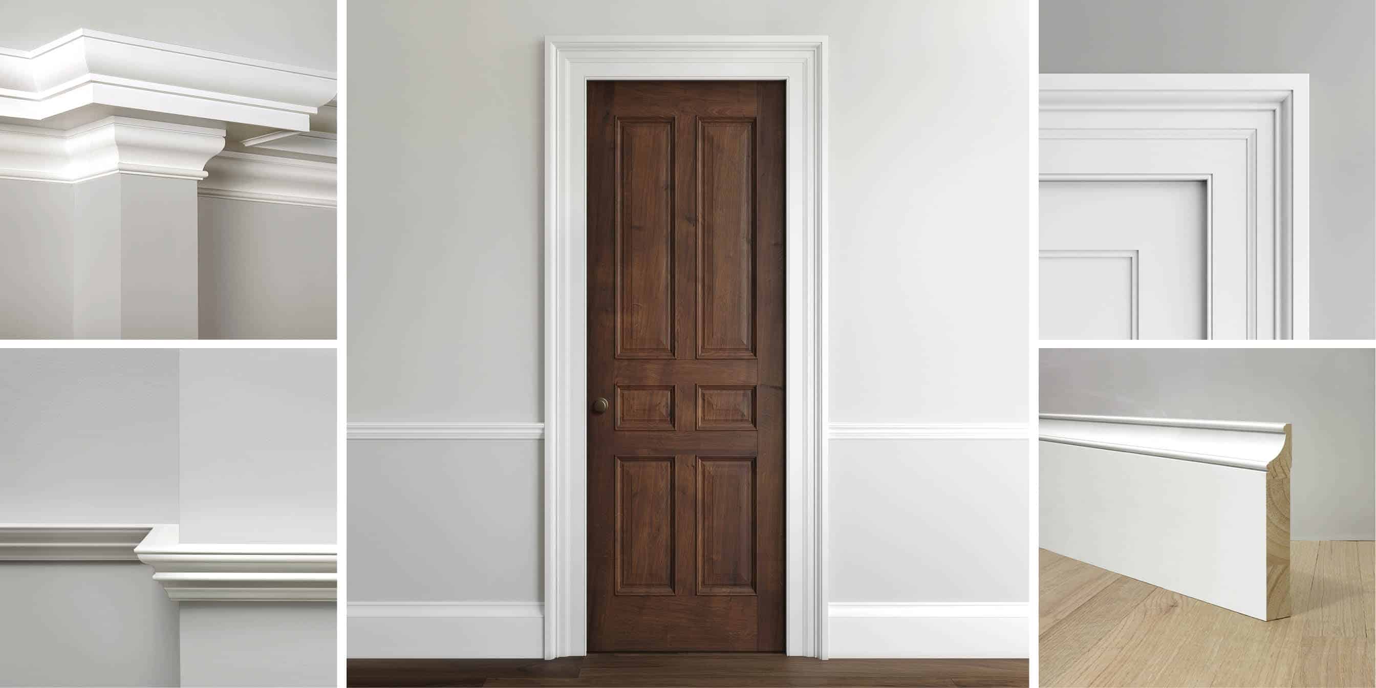 WindsorONE primed wood Classical Colonial Moldings, featuring stain-grade door with large white casing and details of crown buildup, casing, chair rail and base molding.