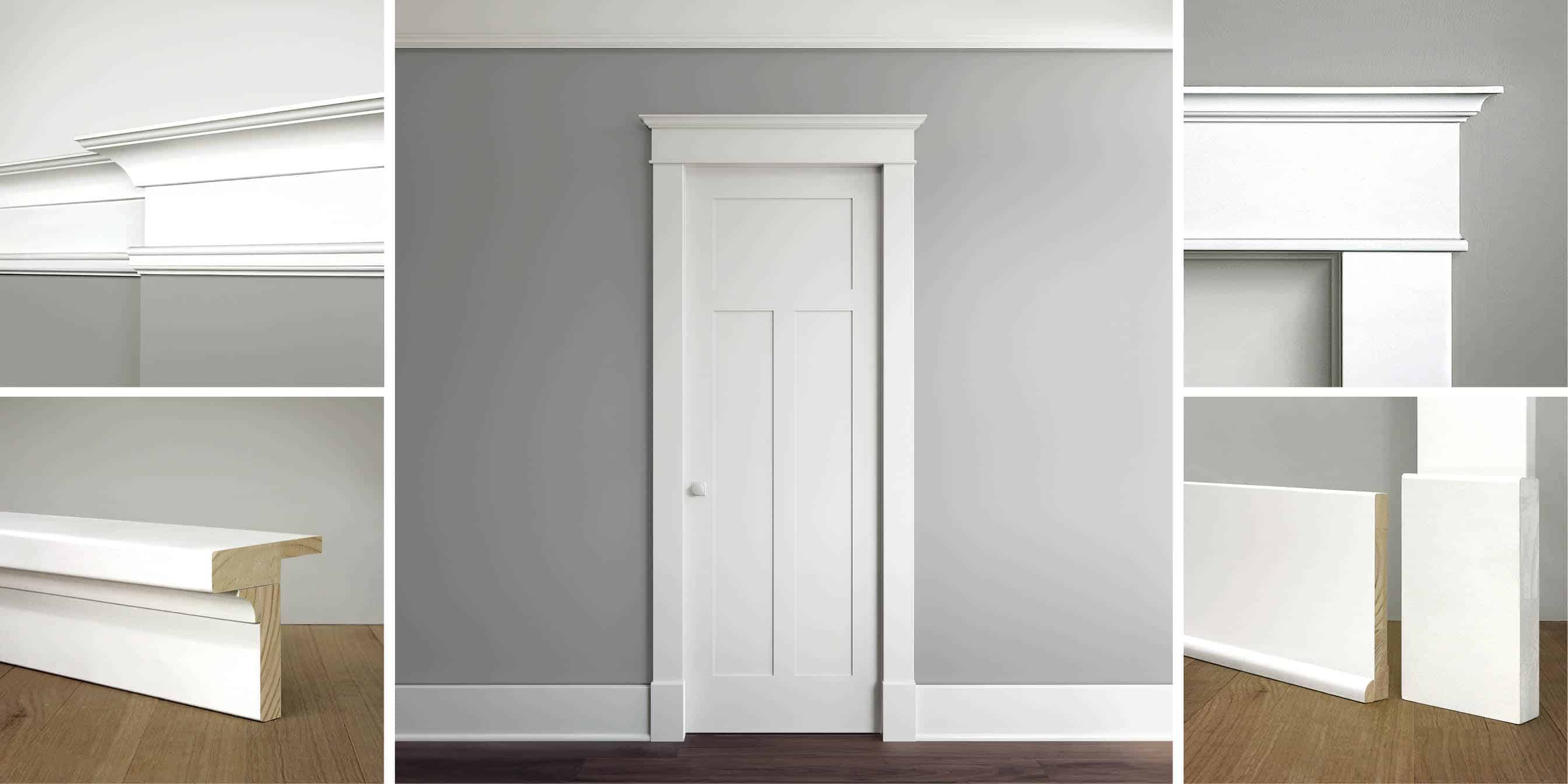 WindsorONE primed wood Classical Craftsman Moldings, door casing and details of crown, casing, stool and base moldings with plinth block.