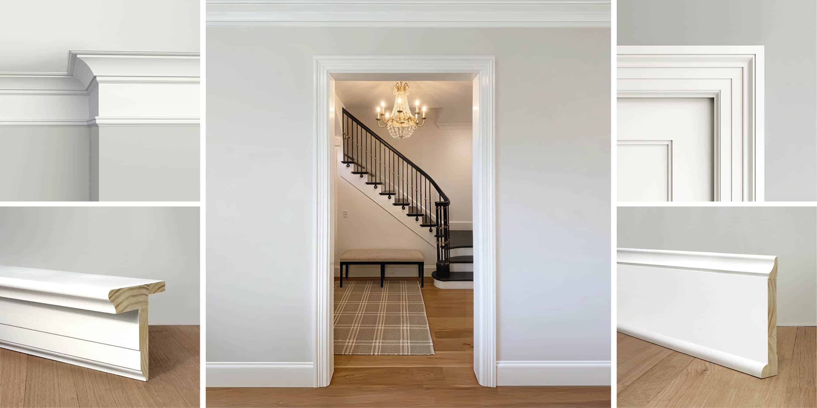 WindsorONE primed wood Colonial Revival Moldings, cased out entrance to foyer and stairs and details of crown buildup, casing, stool and apron and base molding.
