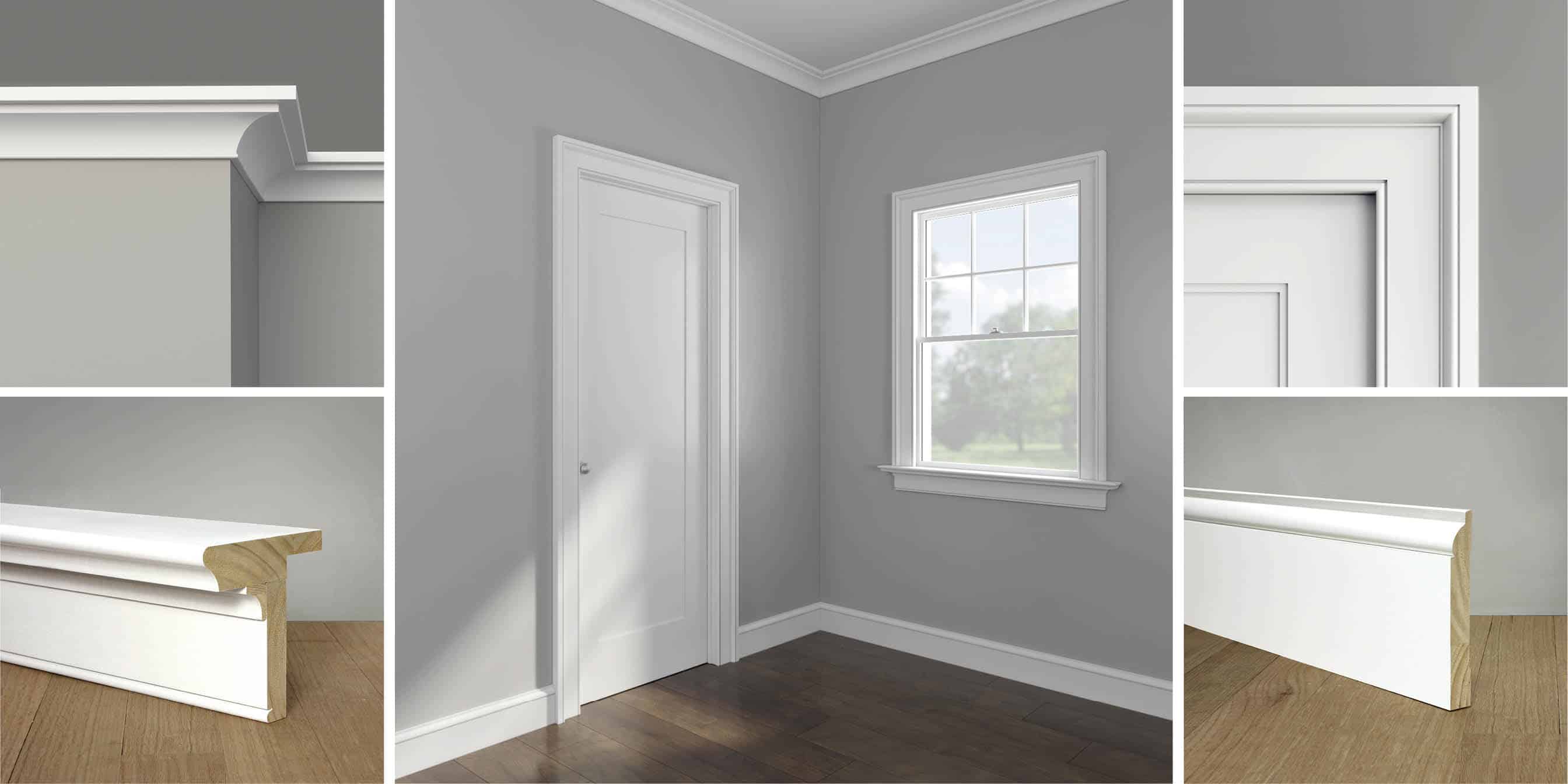 WindsorONE primed wood Greek Revival Moldings, corner view of room with door and window and details of crown, casing, stool and base molding.