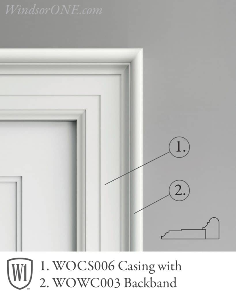 Colonial Revival profile with bullnose cap as backband, window and door molding, primed wood